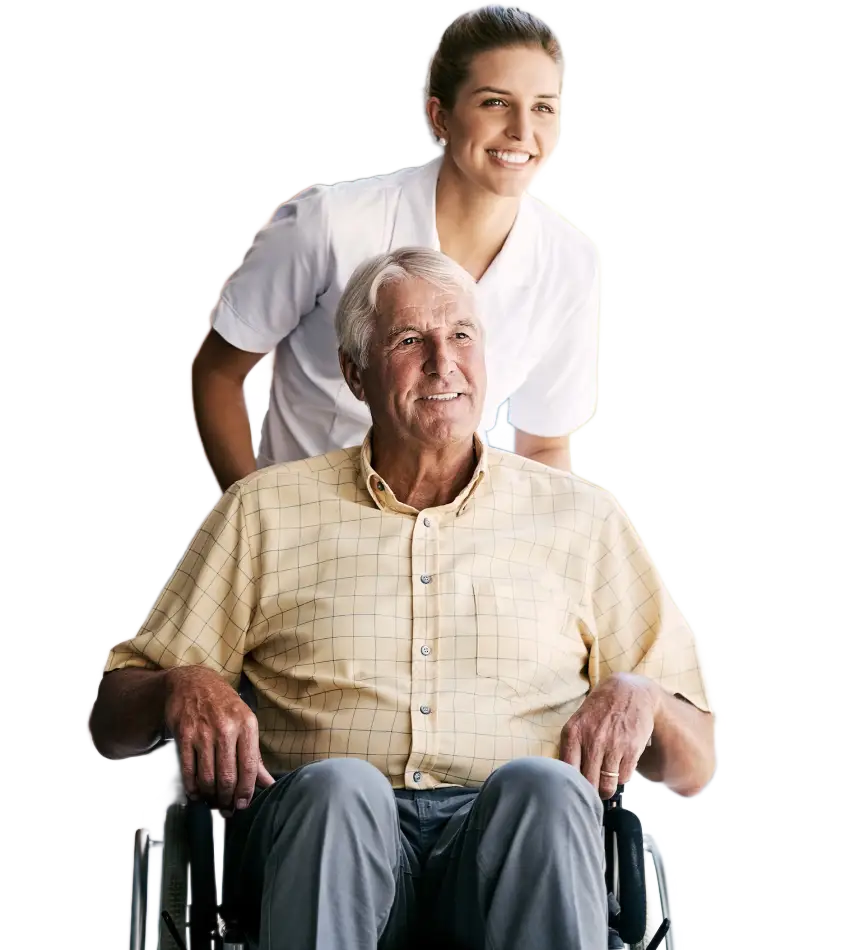 a younger caretaker pushing an older man in a wheelchair